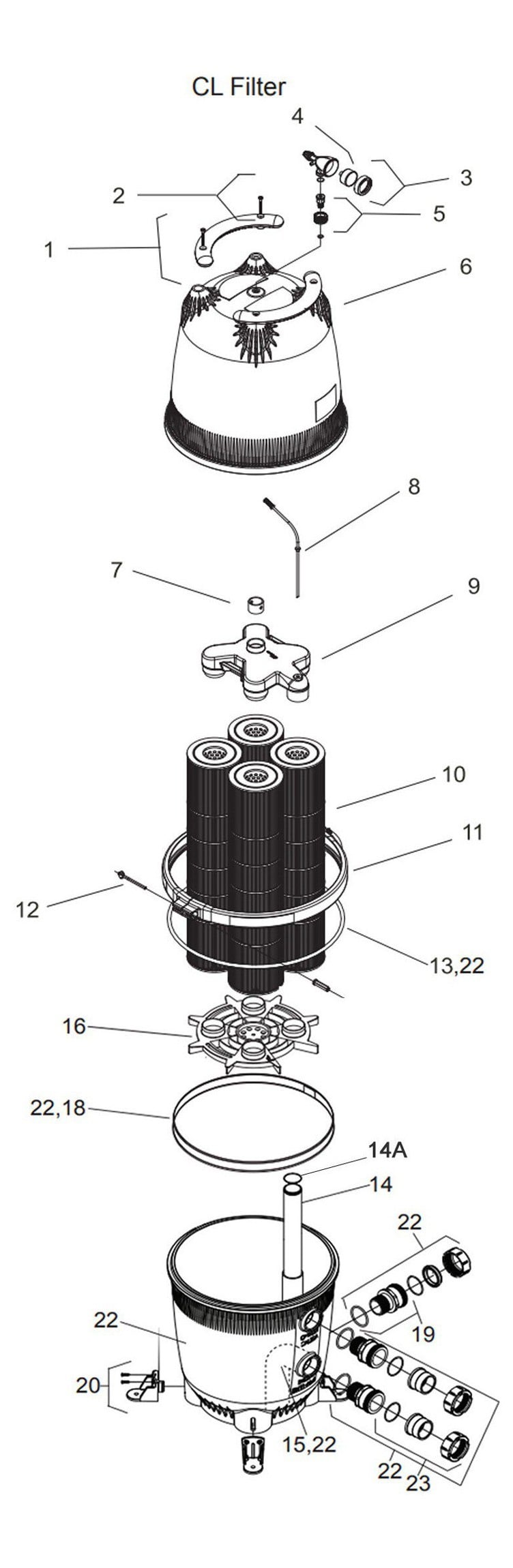 Jandy CL Series Cartridge Pool Filter | 340 Sq Ft | CL340 Parts Schematic