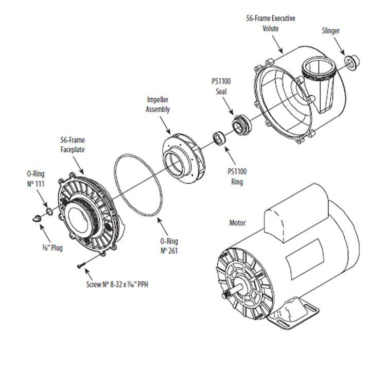 Waterway Executive 56 Spa Pump | 2-Speed 2HP 230V 56-Frame 2" Intake 2" Discharge | 3720821-1D Parts Schematic