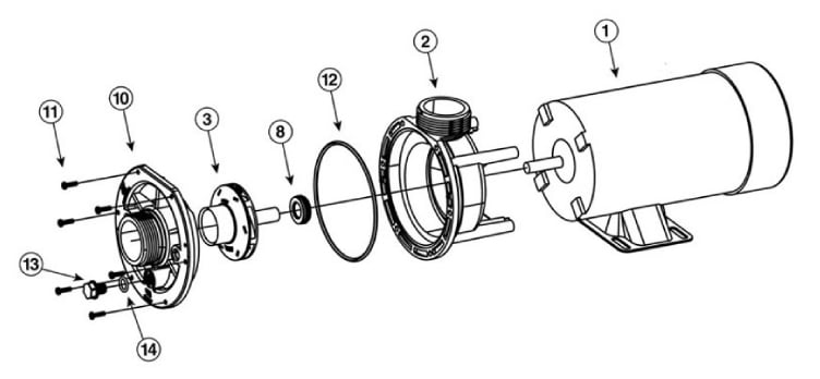 Waterway E Series Spa Pump | 2 Speed 2.0HP 230V 48-Frame Center Discharge | 3420820-15 Parts Schematic