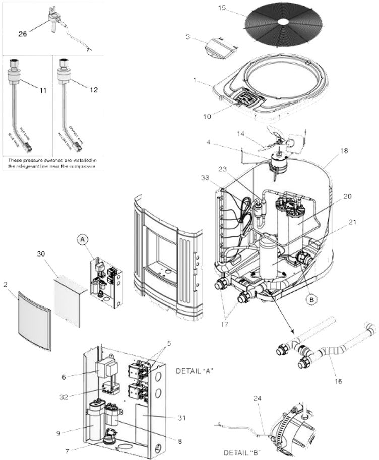 Jandy Air-Energy Titanium Heat Pump 120K BTU | 6.3 COP | 230V 60Hz 1 Phase | Digital | EE2500T Parts Schematic