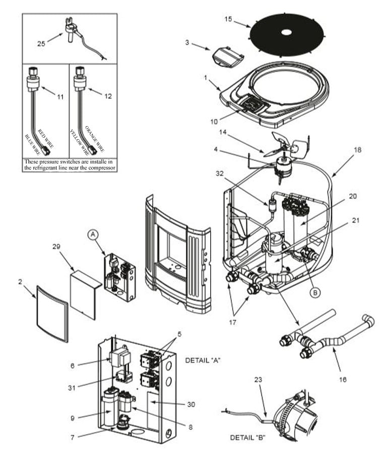 Jandy Air-Energy Titanium Heat Pump 120K BTU | 6.3 COP | 230V 60Hz 3 Phase | Digital | EE2500T-263 Parts Schematic