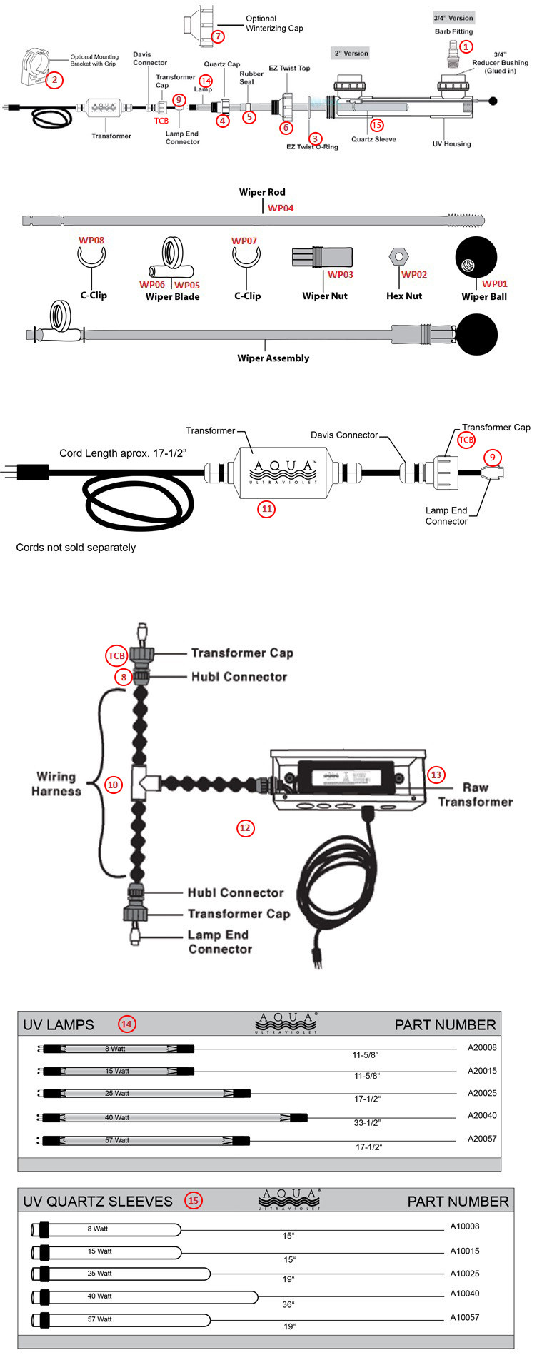 Aqua Ultraviolet Classic 2" | Black | 15 Watt | Wiper | A00034 Parts Schematic