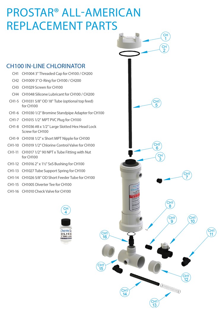 AquaStar ChemStar In-line Automatic Chlorinator Tab Feeder | SPCHR | CH100 Parts Schematic