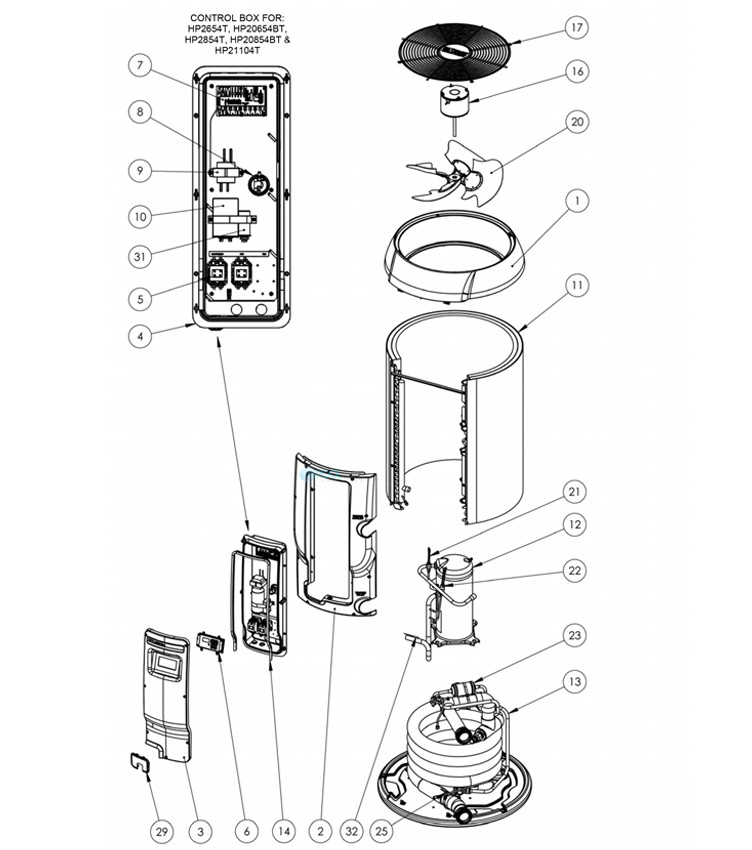 Hayward HeatPro Low Ambient Heat Pump | 110K BTU | Round Platform | 240W | HP21104TC Parts Schematic