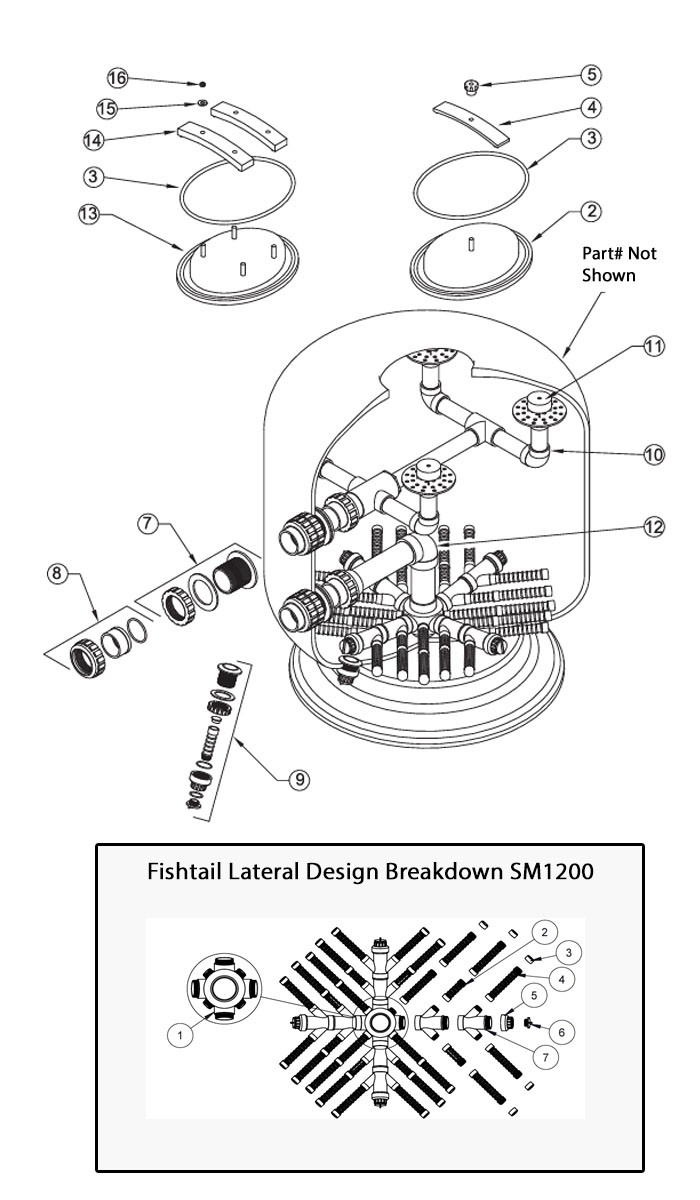 Waterco Micron SM1200 48" Commercial Vertical Sand Filter | 3" Bulkhead Connections 100 PSI | 12.56 Sq. Ft. 126 GPM | 22001207801NA Parts Schematic