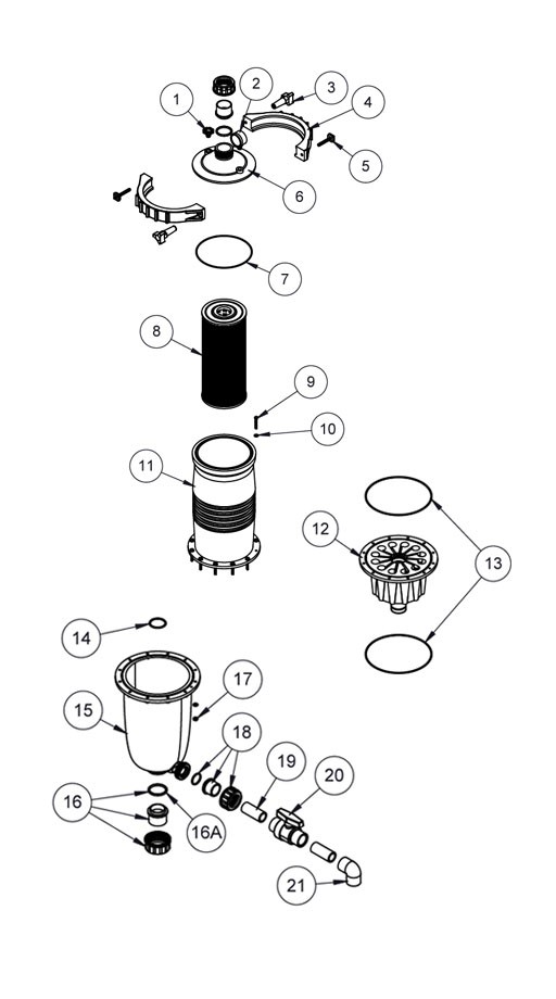 Waterco 1.5" MultiCyclone Ultra MC12 Centrifugal Water Filtration Cartridge Filter | 75 Sq. Ft. | 200378 | 200378A Parts Schematic