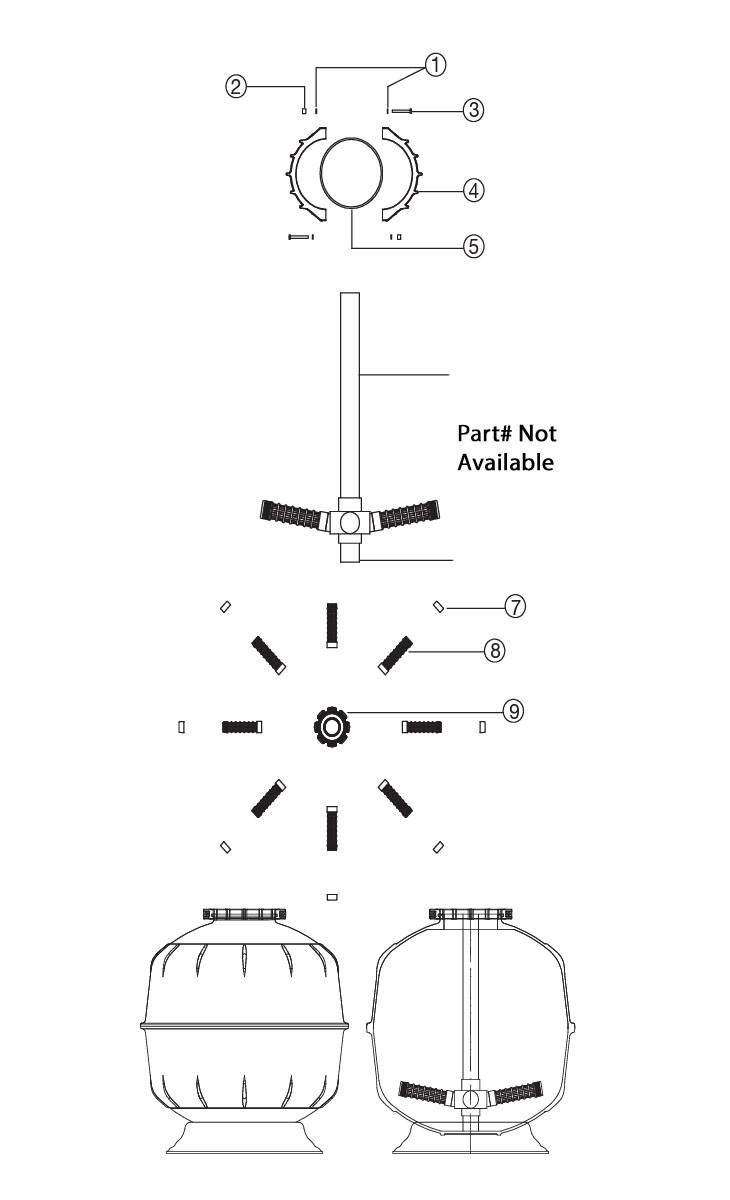 Waterco Exotuf E500 20" Clamp Type Top Mount Sand Filter with Multiport Valve | 3 Sq. Ft. 42 GPM | 2260206A Parts Schematic