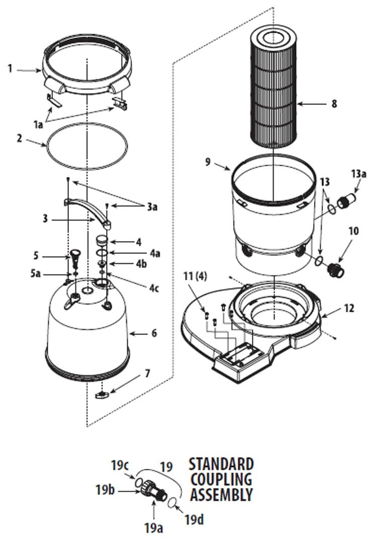 Waterway ClearWater II Above Ground Pool Standard Cartridge Filter System without Pump | 150 Sq. Ft. Filter | 520-5167 Parts Schematic