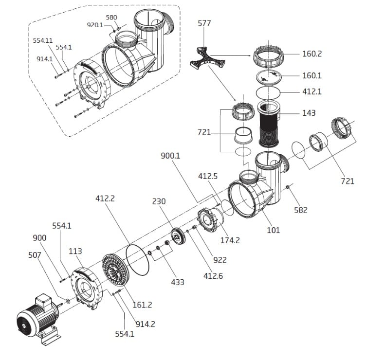 Speck Pumps 95-X Single Speed Pool Pump | 7.5 HP 3 Phase | IG273-1750F-000 Parts Schematic