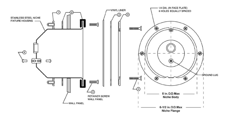 Pentair Small Stainless Steel Pool Niche for Concrete Pools & Spas | .5" Rear Hub | 78244100 Parts Schematic