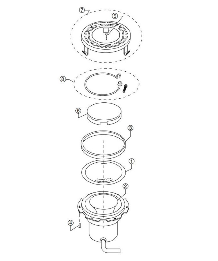 Pentair SpaBrite Spa Light for Inground Spas Face Ring | 100W, 12V, 50' Cord | Stainless Steel | 78101200 | 78108200 Parts Schematic