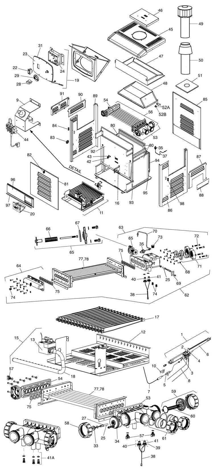 Jandy Legacy LRZ Pool Heater | 250,000 BTU Propane | Millivolt Standing Pilot | Manual Control | Polymer Heads | LRZ250MP Parts Schematic