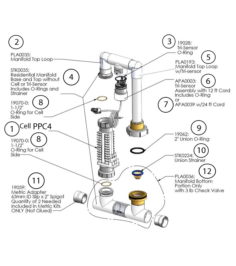 AutoPilot Manifold Salt Cell Generator with SC-60 RC-52 PPC4 cell and Base for 60,000 Gallons | 94113 PPM4 Parts Schematic