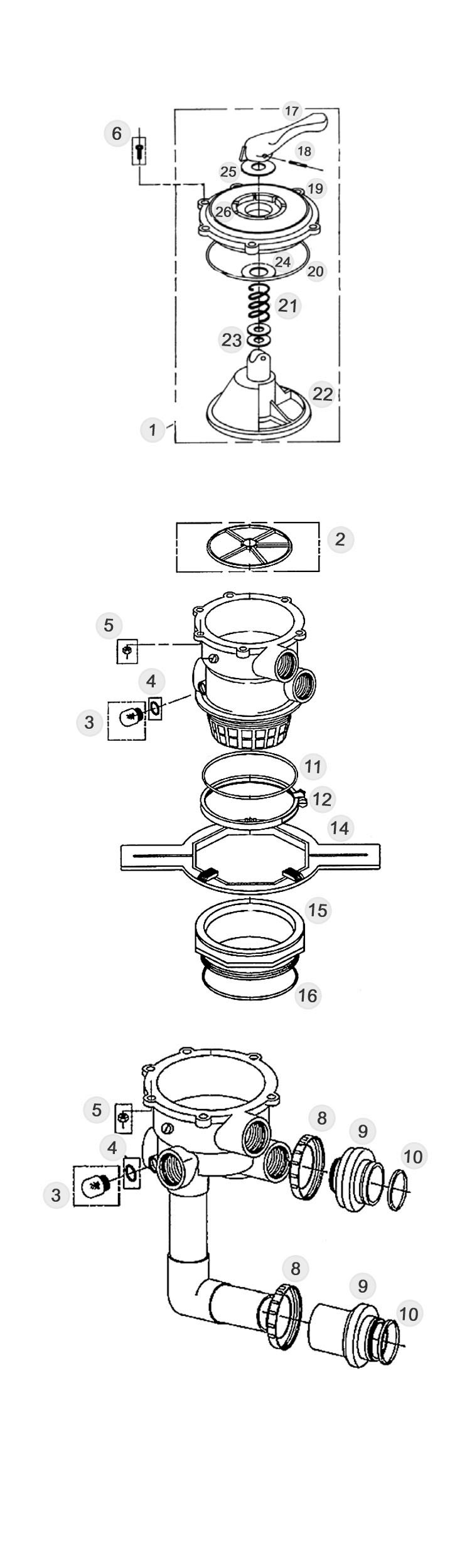 Pentair DE Multiport Valve Kit 2" Slip Connection with 7.5" Port Spacing for FNS, FNS Plus, & NSP Filters | 261152 Parts Schematic