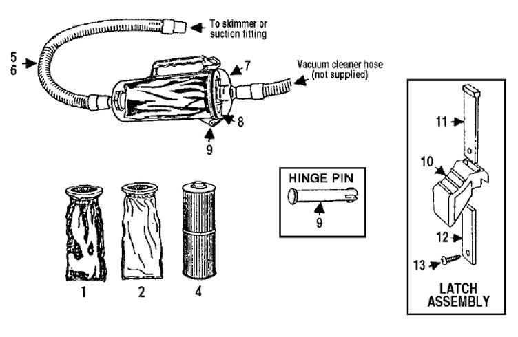 Pentair Rainbow #186A In line Leaf Trap with Snap Lid | 3-Ft Connection Hose | R211084 Parts Schematic