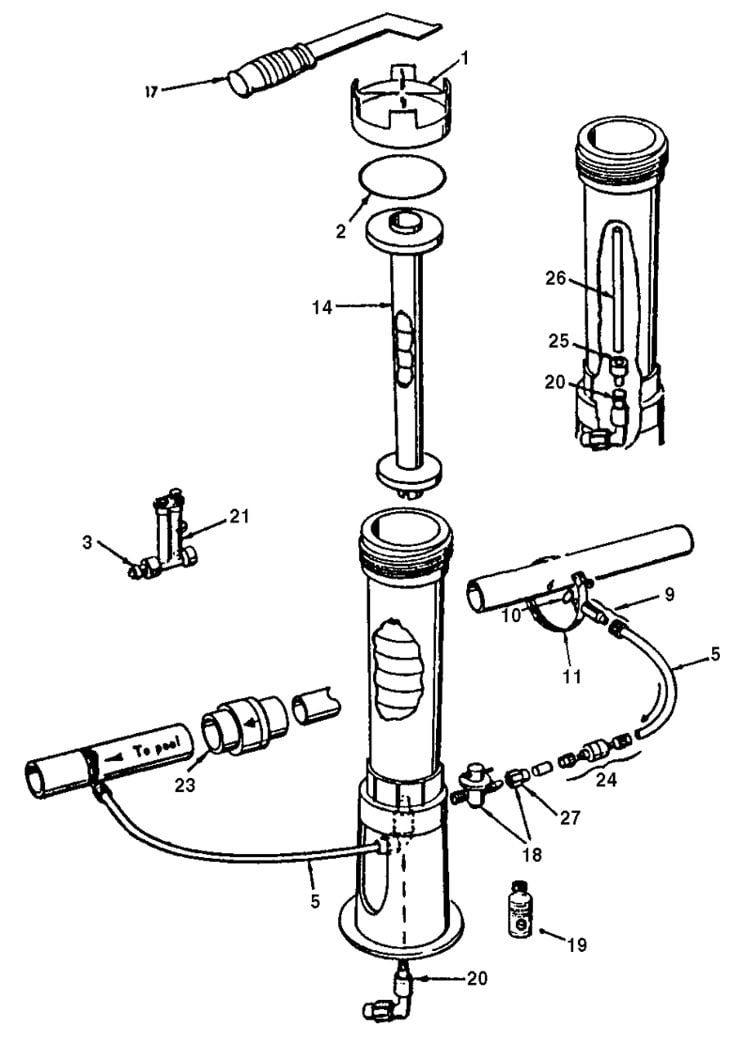 Pentair Rainbow 300 Automatic Off-Line Chlorine Feeder | Clear Amber | R171016 Parts Schematic