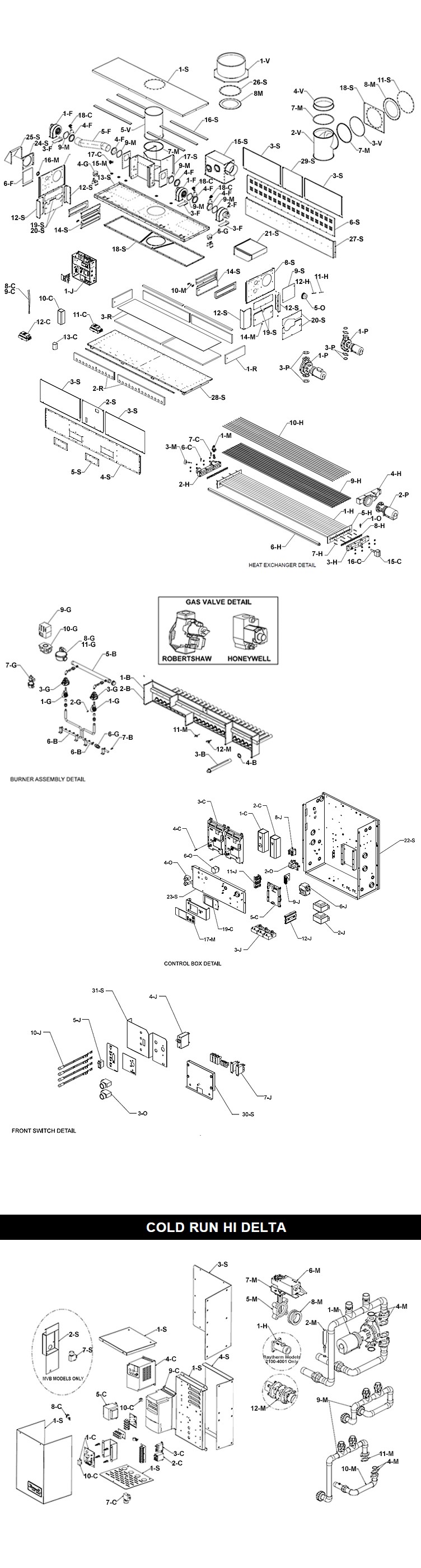 Raypak HI Delta P-2342C Cold Run Low NOx Commercial Swimming Pool Heater with Versa Control | Propane Gas 2,340,000 BTUH | Cupro Nickel Heat Exchanger | 016104 Parts Schematic