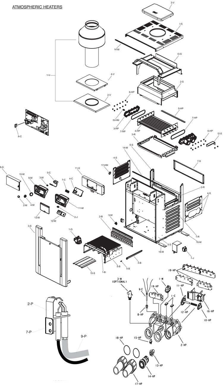 Raypak Digital Natural Gas Pool Heater 266K BTU | Electronic Ignition | Cupro Nickel Heat Exchanger | P-R266A-EN-X 010103 P-M266A-EN-X 010135 Parts Schematic