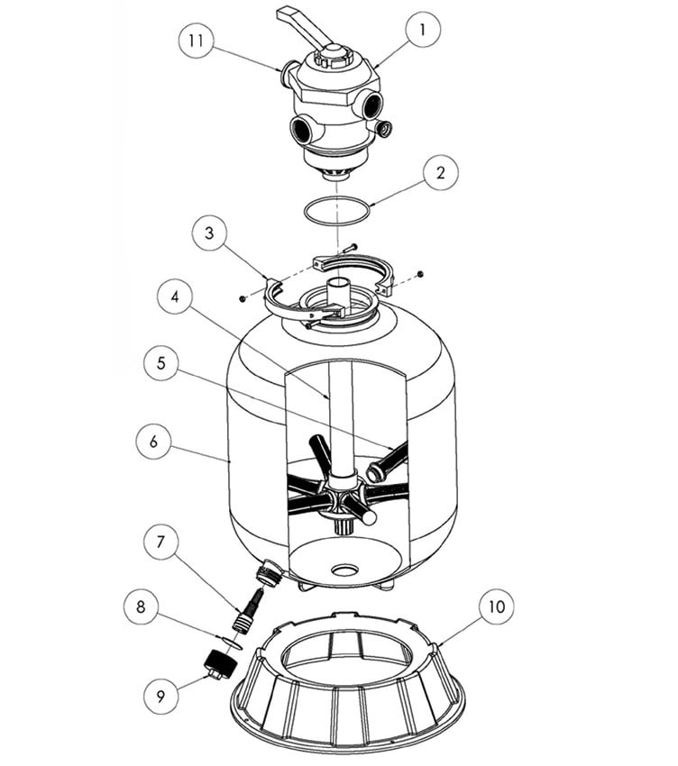 Sta-Rite Cristal-Flo II 26" Top Mount High Rate Sand Filter with 2" Multi-Port Valve | 3.5 Sq. Ft. | 145363 Parts Schematic