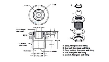 AquaStar Large 2" Return Fitting | with Gasket Nut and Eyeball Nut | for Fiberglass or Steel | White | 1020F101