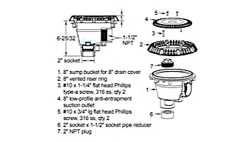 AquaStar 8" Sump Bucket with Super Low Profile Anti-Entrapment Cover with Riser Ring | Dark Gray | LP8SBWR105