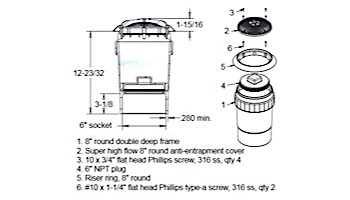 AquaStar 8'' Star Anti-Entrapment Cover, Solid Riser Ring and Double/Deep Frame with 6'' Socket Sump Bucket (VGB Series) | Dark Gray | A8R105F