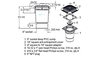 AquaStar 14" Square Grate with Double Deep Sump Bucket with 6" Socket (VGB Series) | Dark Gray | 914105F