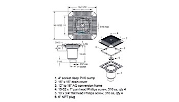 AquaStar 16" Square Grate with Double Deep Sump Bucket | with 4" Socket (VGB Series) | Light Gray | 1216103D