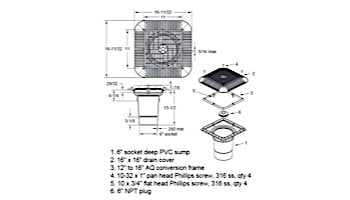 AquaStar 16" Square Grate with Double Deep Sump Bucket | with 6" Socket (VGB Series) | Dark Gray | 1216105F