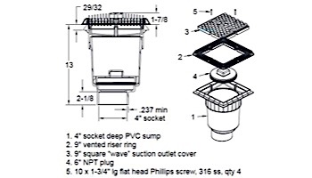 AquaStar 9" Wave Grate  & Vented Riser Ring with Double Deep Sump Bucket with 4" Socke | Black | WAV9WR102D