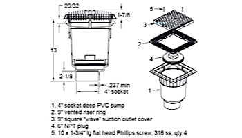 AquaStar 9" Wave Grate  & Vented Riser Ring with Double Deep Sump Bucket with 4" Socke | Dark Gray | WAV9WR105D