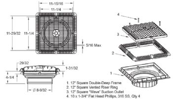AquaStar 12"X12" Square Wave Suction Outlet and Deep Frame  & Vented Riser Ring | Tan | WAV12WR108A