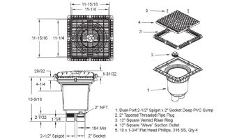 AquaStar 12"x12" Wave Suction Outlet  & Vented Riser Ring with 2 Port Double Deep Sump Bucket | Dark Gray | WAV12WR105B