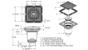 AquaStar 12"x12" Square Wave Grate  & Vented Riser Ring with Double Deep Sump Bucket with 4" Socket (VGB Series) | Black | WAV12WR102D
