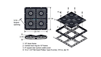 AquaStar 18" Square Mud Frame with Four 9" Square Star Anti-Entrapment Suction Outlet Covers with Vented Riser Rings | Black | P18102