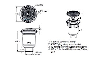 AquaStar 10" Round MoFlow Suction Outlet Cover | with 4" Socket Deep PVC Sump | Dark Gray | 10MF105D