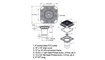 AquaStar 16" Square Grate with Double Deep Sump Bucket | with 6" Socket (VGB Series) | Blue | 1216104F