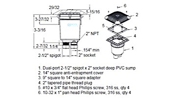 AquaStar 14" Square Grate with 2 Port Double Deep Sump Bucket (VGB Series) | Blue | 914104B