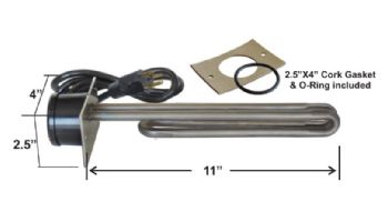 HydroQuip 11" Incoloy Flange Mounted Heater Element | 2.5" x 4" Plate with Nema Cord 36" | 2.5KW 240V | 12-1463-AC-K