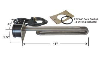 HydroQuip 11" Incoloy Flange Mounted Heater Element | 2.5" x 4" Plate with Molded Cord 30" | 2.5KW 240V | 12-1463-BC-K