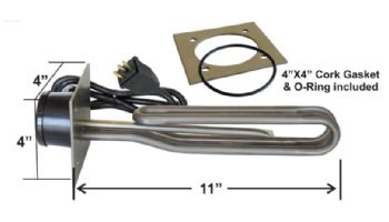 HydroQuip 11" Incoloy Flange Mounted Heater Element | 4" x 4" Plate with Molded Cord 30" | 1.5KW 120V | 12-1464-BC-K