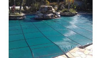 GLI 12-Year Secur-A-Pool Mesh Safety Cover | Rectangle 16' x 32' Green | 3' x 6' Center End Step | 201632RECES36SAPGRN