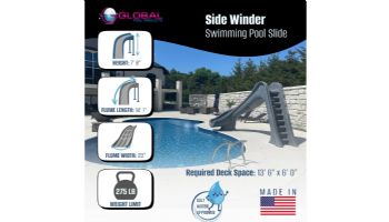 Global Pool Products Side Winder Swimming Pool Slide with LED Light | Left Turn | Gray | GPPSSW-GREY-L-LED