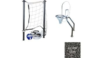 Global Pool Products X2 Basketball 17.5" Anchor Spacing & Volleyball with 16' Net & Ball Combo | Silver Vein | No Anchors | GPP-X2VB16-SV