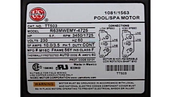 U.S. Motors Emerson Premium Energy Efficient Thru Bolt Pool & Spa Motor | 2 Speed 2-HP 230V 56Y | TT503