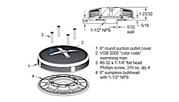 AquaStar 6" Sumpless Bulkhead Fitting with 1.5" MPT (for 1022) (VGB Series) | Black | 615T102