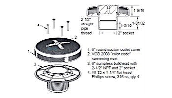 AquaStar 6" Sumpless Bulkhead Fitting with 2.5" MPT and 2" Slip Socket (VGB Series) | Blue | 625T20S104