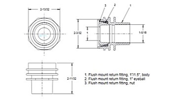 AquaStar Flus-Mount Return Fitting | with Water Stop Eyeball and Nut Aim Flow | with 3/4" Orifice | Blue | 304B
