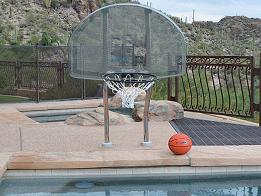Inter-fab Traditional Style Basketball Game Set | 18" Offset Post | In Deck Plastic Anchor Jig | Hammertone Gray Powder Coated Support Legs | SPS-BBAL 18 GPC-6