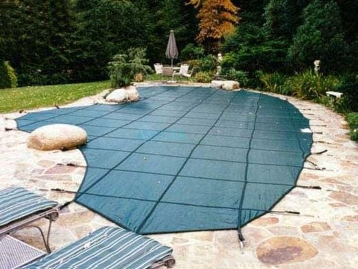 Merlin Classic Mesh 15-Year Mesh Safety Cover | Rectangle 14' x 28' | 4' x 8' Center End Step | Green | 106M-E-GR